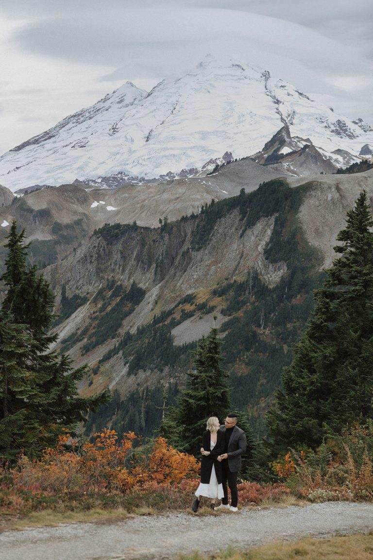 Engaged couple sharing an embrace during their North Cascades engagement session with Alexa Ann Photography